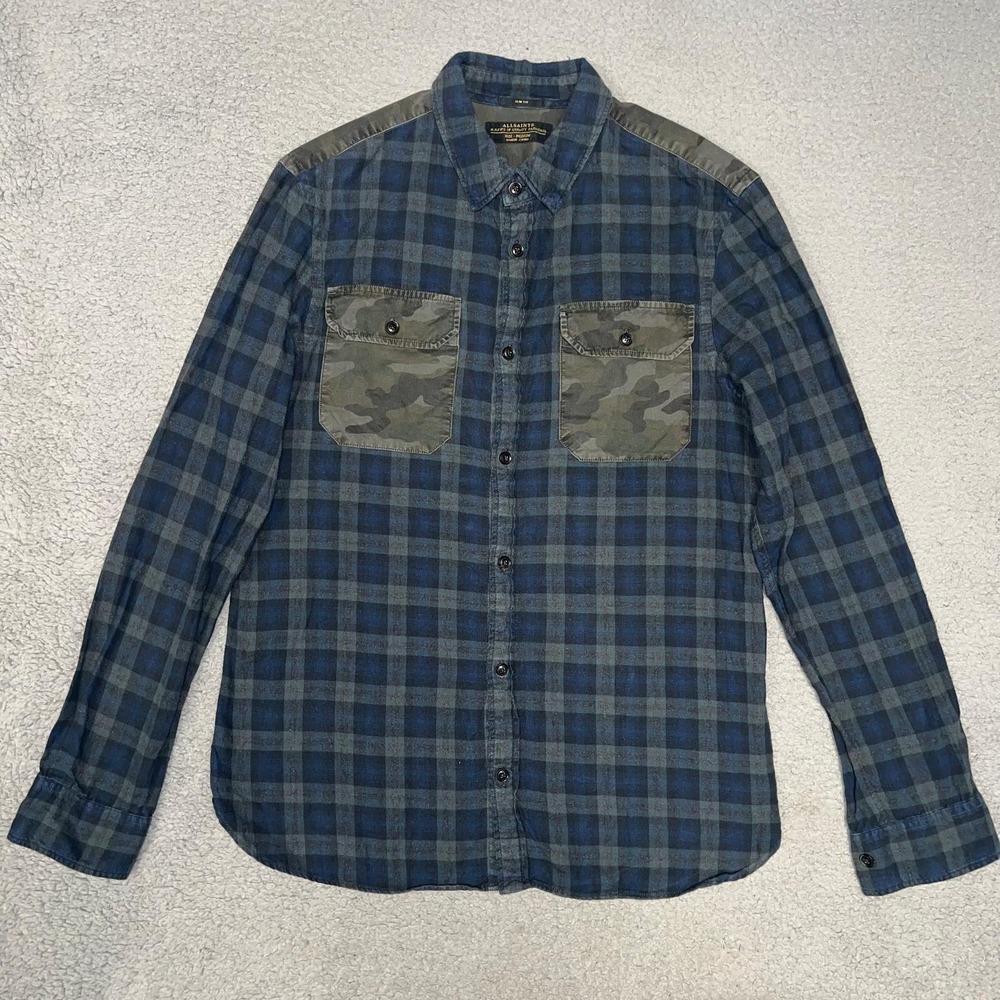 All Saints Shirt Men's Size M Blue Gray Plaid Camo Contrast Slim Fit Button Down